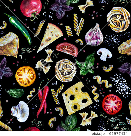 Hand-drawn seamless pattern. Italian pasta with tomatoes, cheese, basil, spice on black. Great idea for kitchen, food delivery flyer or restaurant menu or textile fabric tablecloth, napkins design 65977434