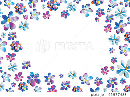 Spring romantic blue pink purple watercolor painted paper-cut flowers border frame ornament illustration. A4 A5 A3 international paper slide poster card with free blank copy space for text 65977483