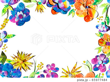 Summer happy colorful watercolor painted paper-cut flowers border frame ornament illustration. A4 A5 A3 international paper slide poster card with free blank copy space for text 65977484