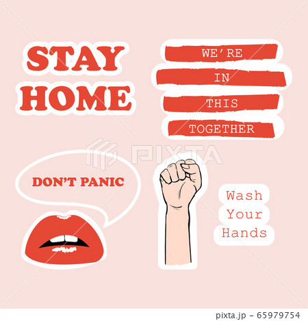 Do not panic and stay home. Sticker pack about quarantine. Self isolation for social banner, medical or propaganda poster, social network warning, info card. Minimal style stock vector illustration 65979754