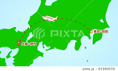 シンプルな飛行機移動の説明イラスト（羽田発-伊丹着） 65980056