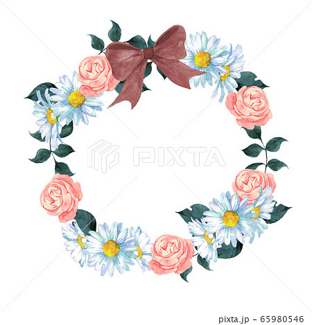 薔薇とマーガレットの花輪のイラスト素材