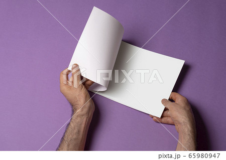 Male hand opened a catalog on purple background Male hand opened a catalog on purple background 65980947