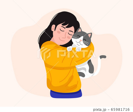 Young woman holding cute cat. Vector Illustration 65981716