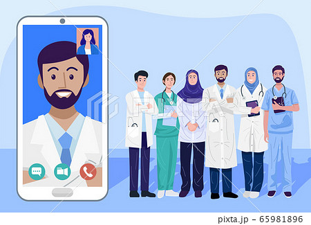 Digital health concept, Illustration of doctors and nurse using a smart phone for consulting patient online, Vector Digital health concept, Illustration of doctors and nurse using a smart phone for consulting patient online, Vector 65981896