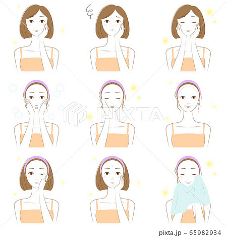 スキンケアをしている女性のイラストのセットのイラスト素材
