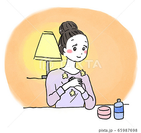 部屋で手のお手入れをする女性のイラスト素材
