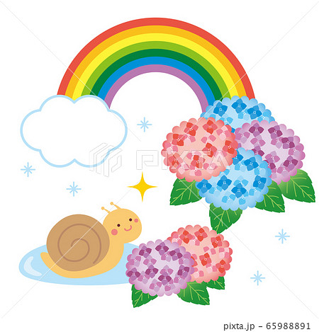 梅雨 カタツムリと紫陽花と虹 イラストのイラスト素材 6591