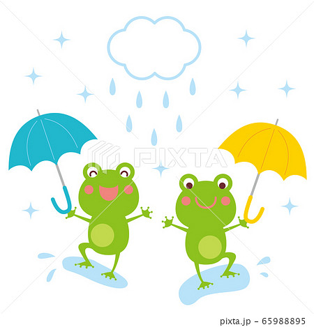 梅雨 傘をさして踊るカエルたち イラストのイラスト素材 6595