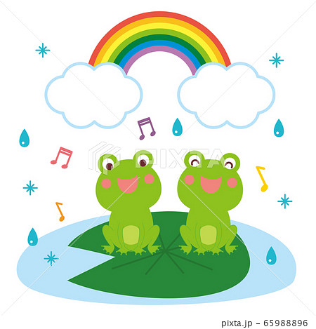 梅雨 歌を歌うカエルたちと虹 イラストのイラスト素材 6596
