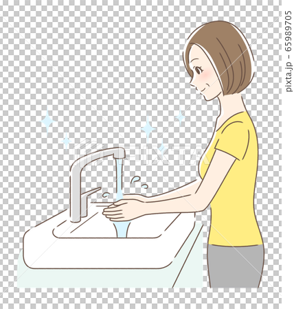 A woman washing her hands with tap water 65989705