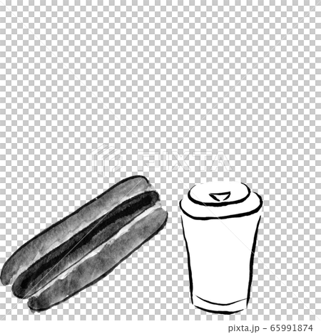 ホットドッグとコーヒーのセット 墨の手描きイラスト のイラスト素材