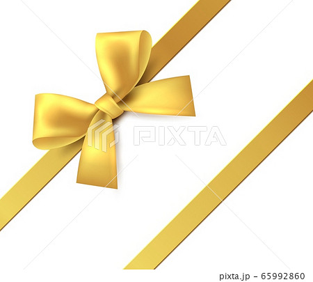 Gold bow. Gift present golden shiny ribbon. Vector isolate tape for design greeting and discount card 65992860