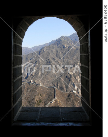 Great Wall of China. Scenic views of the section of the Great Wall at Juyongguan through a window. Great Wall of China near Beijing. Great Wall of China, Juyongguan, Beijing, China, UNESCO, mountains. 65993400