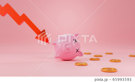 Concept economy or financial crisis represent by dead piggy bank, falling down graph and coins. 3d render illustration. 65993593