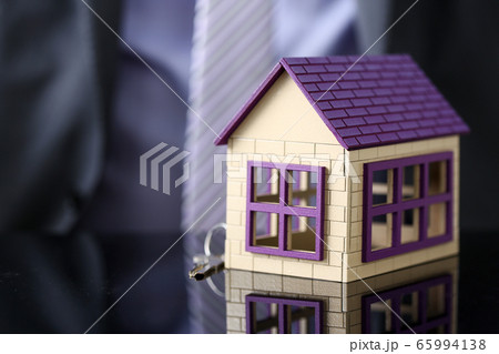 Man in suit and tie and silver key and little toy house 65994138