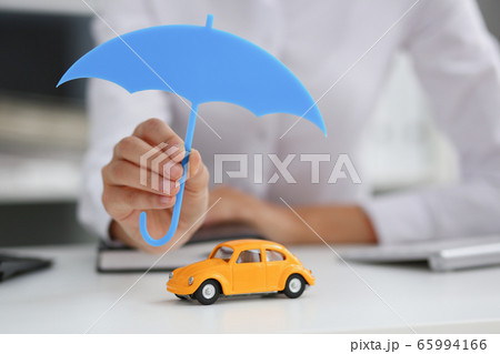 The female hand holds a miniature umbrella in the hand 65994166