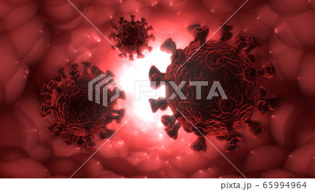 An illustration showing a coronavirus in the alveoli of the lungs. 3D illustration. 3D render. 65994964