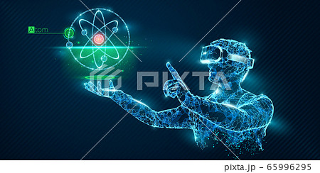 VR wireframe headset vector banner. Polygonal man wearing virtual reality glasses, with holographic of atom. Science, diagnostics, virtual analytics, analysis. VR games. Thank you for watching VR wireframe headset vector banner. Polygonal man wearing virtual reality glasses, with holographic of atom. Science, diagnostics, virtual analytics, analysis. VR games. Thank you for watching 65996295