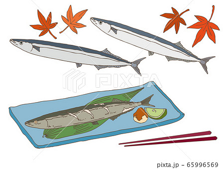 さんまの焼き魚と紅葉の素材イラストのイラスト素材