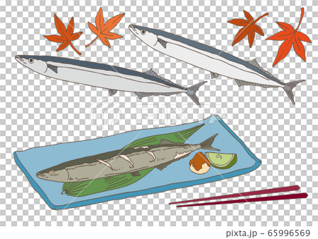 さんまの焼き魚と紅葉の素材イラストのイラスト素材