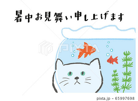 猫と金魚鉢 暑中見舞い 横のイラスト素材