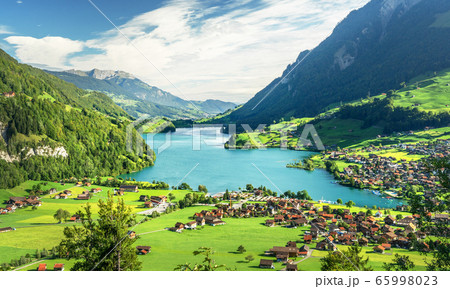 Aerial view on Lungernsee lake, Switzerland, Aerial view on Lungernsee lake, Switzerland, 65998023