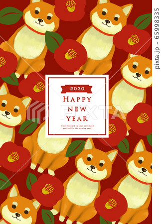 30年賀状テンプレート ハッピーニューイヤー 年賀状 戌年 いぬ年 戌年 犬年 狗 狗年２０３０のイラスト素材