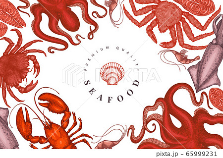 Seafood design template. Hand drawn vector seafood 65999231