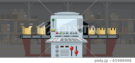 The factory conveyor packing boxes. Conveyor Automatic Production Line with Cardboard Boxes. Vector illustration. The factory conveyor packing boxes. Conveyor Automatic Production Line with Cardboard Boxes. Vector illustration. 65999406