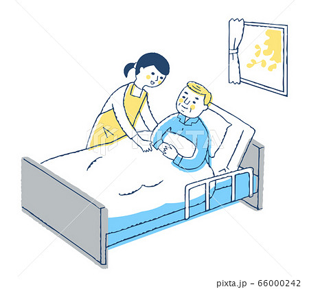 ベッドにいるおじいちゃんと女性介護スタッフ ベッドにいるおじいちゃんと女性介護スタッフ 66000242