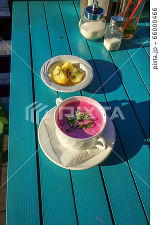 Cold beetroot soup with sour cream, greens and hot Cold beetroot soup with sour cream, greens and hot 66000466