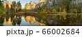 Panoramic view of the reflection of the landscape in the water of the Merced River in Yosemite National Park 66002684