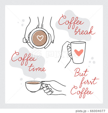 Hands with a cup of coffee, tea or hot drink in a linear style with a beautiful lettering insulated 66004077