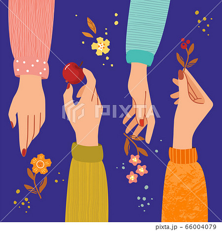 Hands painted in flat style in various colors with and without objects. Outstretched hands. 66004079