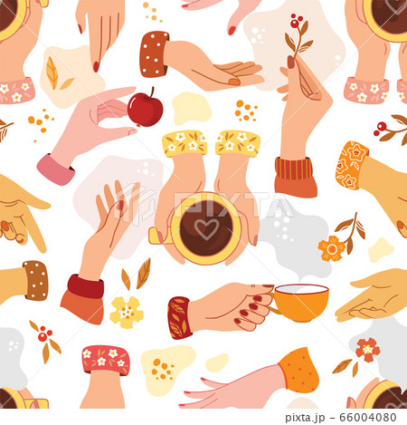 A seamless pattern consisting of womens hands in various gestures and with different objects and 66004080