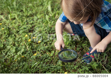 Happy little boy exploring nature with magnifying Happy little boy exploring nature with magnifying 66005004