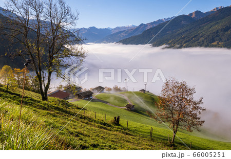 Peaceful misty autumn morning mountain view from Peaceful misty autumn morning mountain view from 66005251