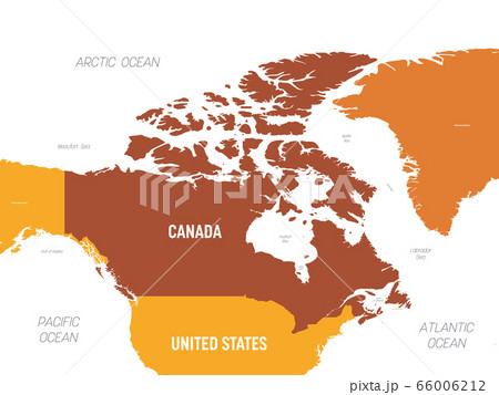Canada map - brown orange hue colored on dark background. High detailed political map Canada and neighboring countries with country, ocean and sea names labeling 66006212