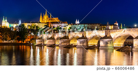 Prague night panorama. Prague Castle and Charles Bridge above Vltava River, Praha, Czech Republic 66006486