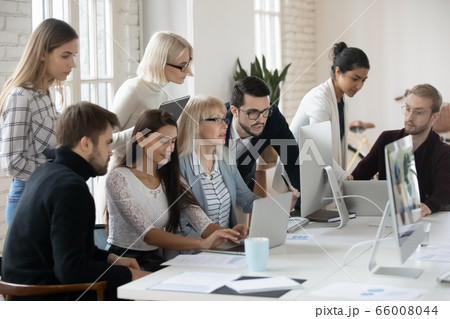 Focused company workers analyzing financial marketing reports. 66008044