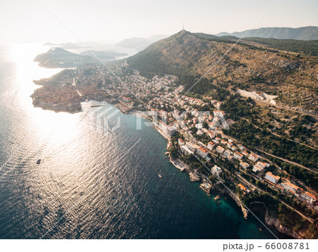 High aerial view from a drone on the coast of Dubrovnik and the old town in Croatia. 66008781