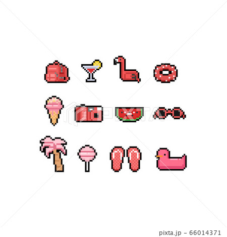 Pixel art cartoon pink summer icons design set. Pixel art cartoon pink summer icons design set. 66014371