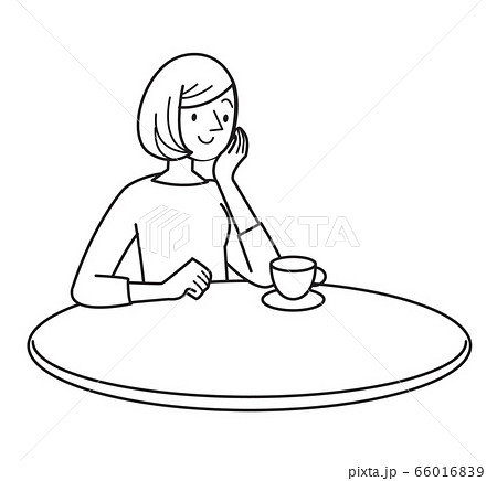 人物　女性　線画　窓辺 コーヒー 66016839