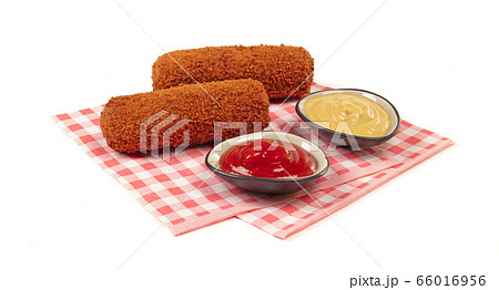 Brown crusty dutch kroket with sauces (mustard and 66016956
