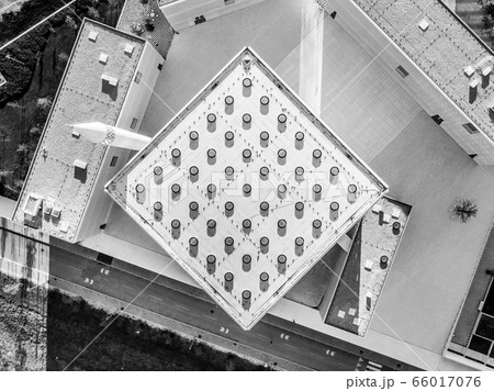 Top aerial view of modern archiecture of islamic religious cultural centre in Ljubljana, Slovenia, Europe. Black and white image 66017076