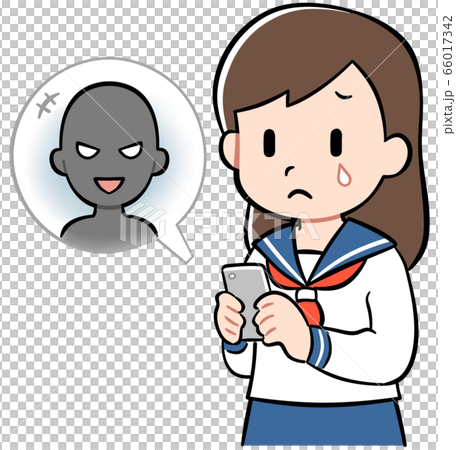 A sad girl looking at a smartphone 66017342