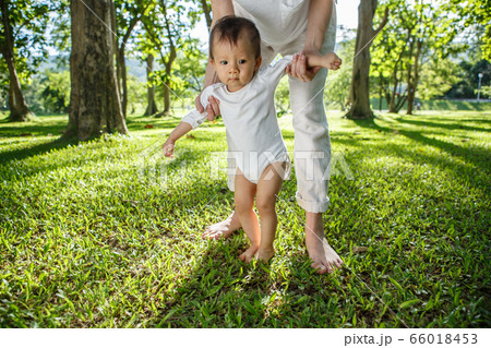 Legs of mother and baby. First steps. 66018453