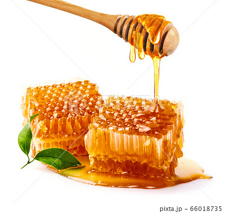 Sweet honeycomb and wooden Honey dripping isolated on a white background. Honey dipper Sweet honeycomb and wooden Honey dripping isolated on a white background. Honey dipper 66018735
