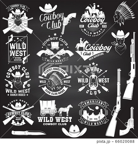 Set of cowboy club badge on chalkboard. Vector. Concept for shirt, logo, print, stamp, tee with cowboy and shotgun. Vintage typography design with wild west and western rifle silhouette. 66020088